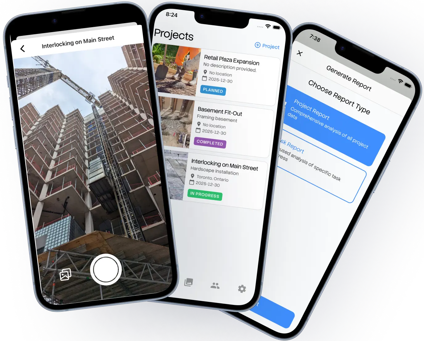 Camera interface capturing a photo on site